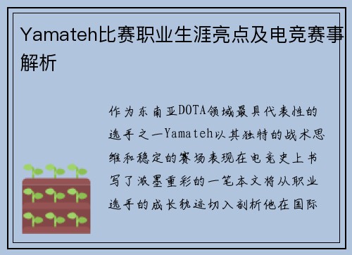 Yamateh比赛职业生涯亮点及电竞赛事解析