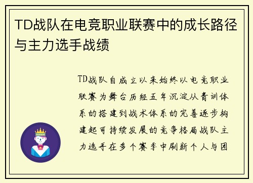 TD战队在电竞职业联赛中的成长路径与主力选手战绩