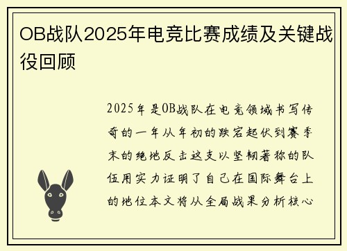 OB战队2025年电竞比赛成绩及关键战役回顾